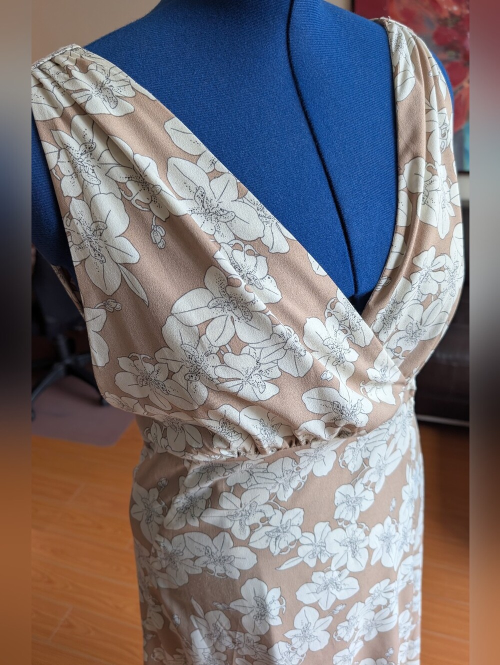 Floral V-Neck Wrap Dress in Beige and White